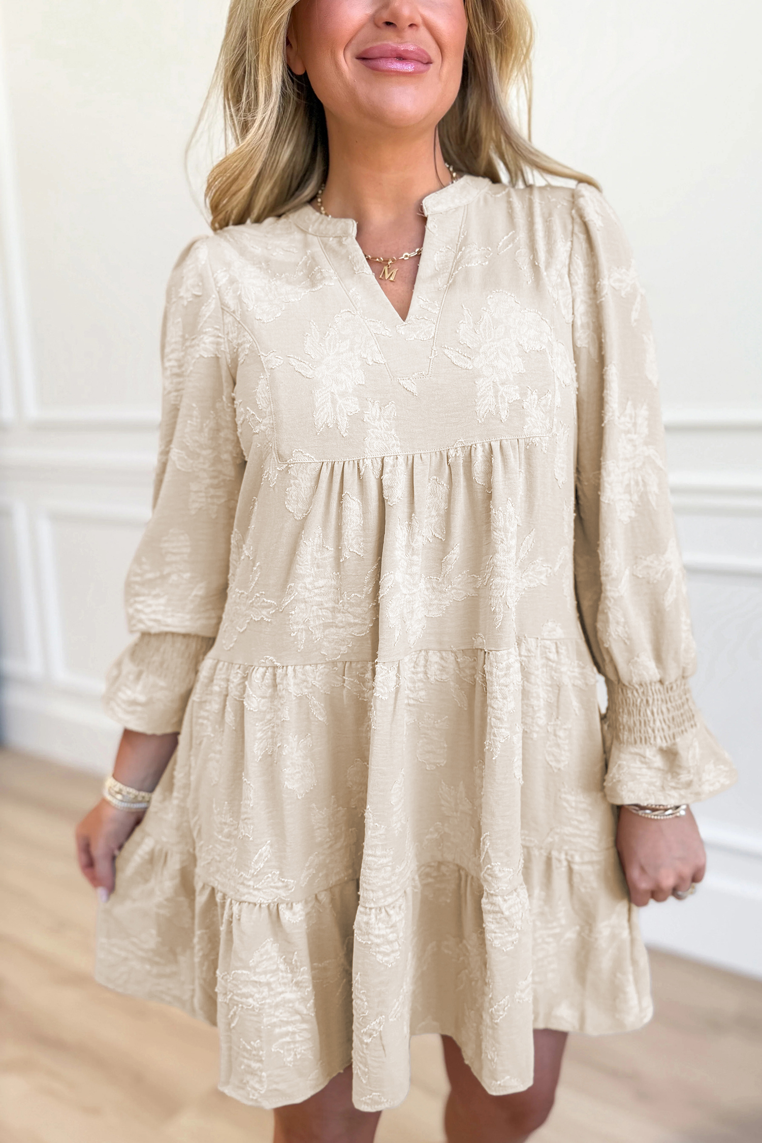 Parchment Long Sleeve Notched Neck Jacquard Tiered Mini Dress - loveforevers