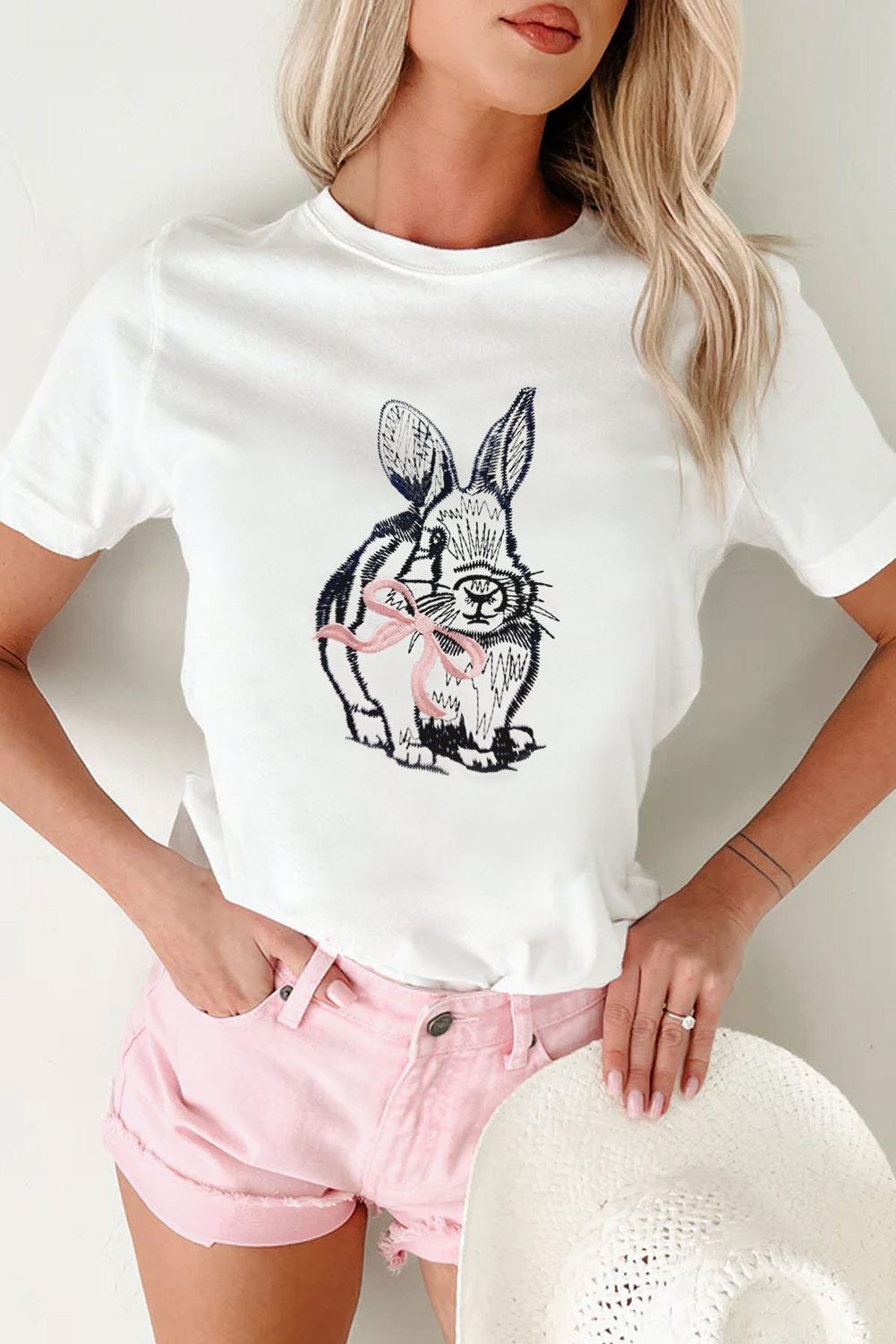 White Bunny Embroidered Bow Graphic Tee - loveforevers