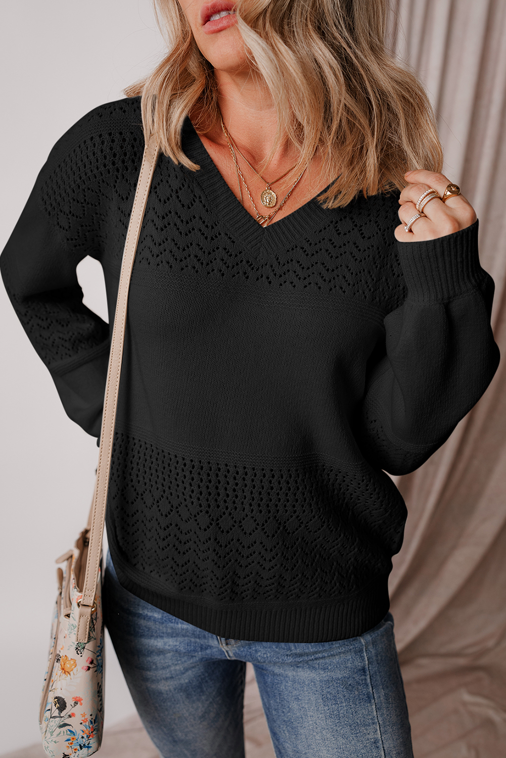 Sky Blue Eyelet Pattern Detail V Neck Drop Shoulder Sweater - loveforevers