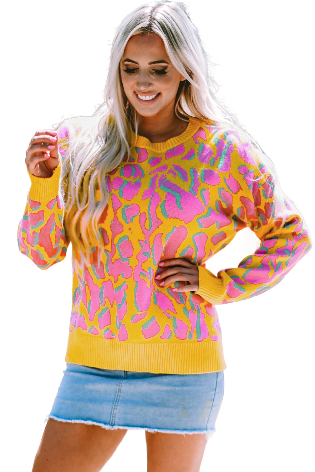 Green Abstract Print Ribbed Trim Baggy Sweater - loveforevers