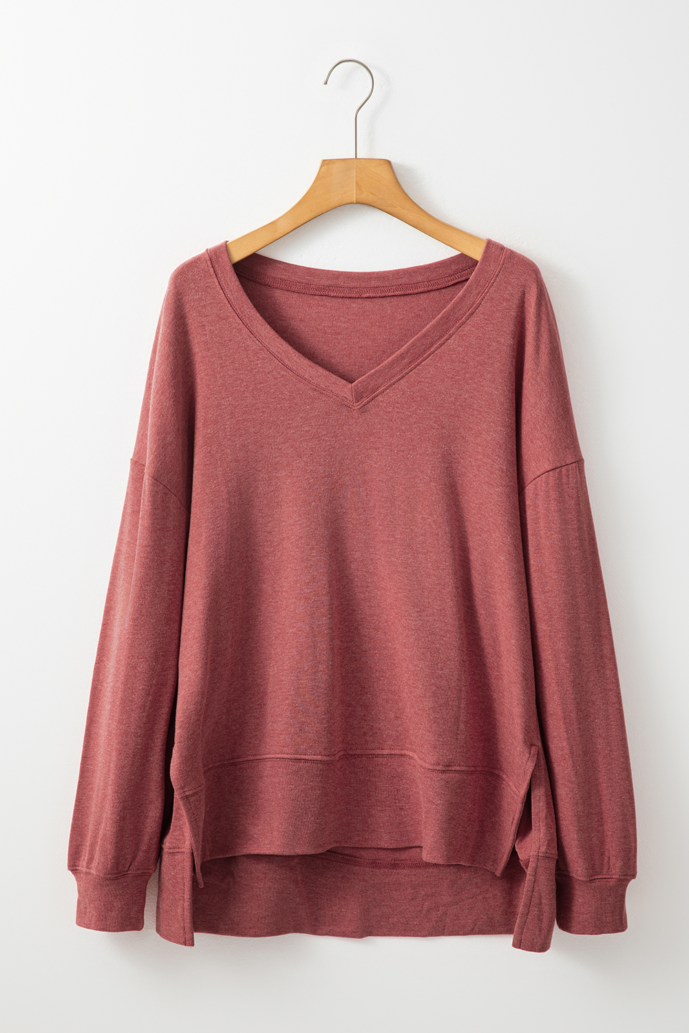 Racing Red Side Slits V Neck Loose Fit Tunic Top - loveforevers
