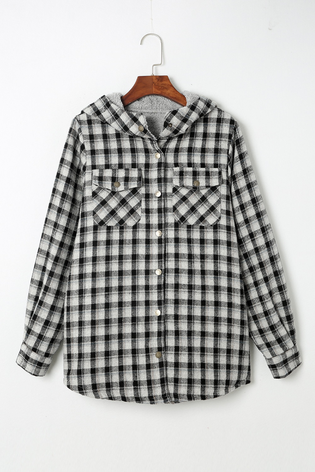 Black Plaid Pattern Sherpa Lined Hooded Shacket - loveforevers