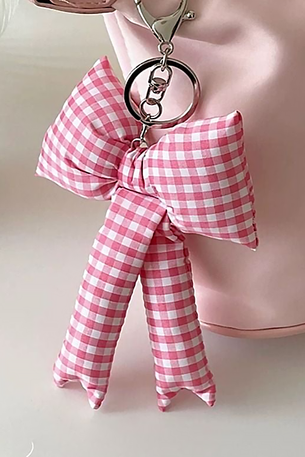 Pink Gingham Puffer Bow Knot Bag Pendant Keychain - loveforevers