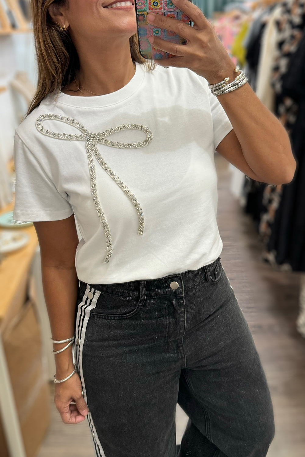 White Rhinestone Bow Embellished Round Neck Tee - loveforevers