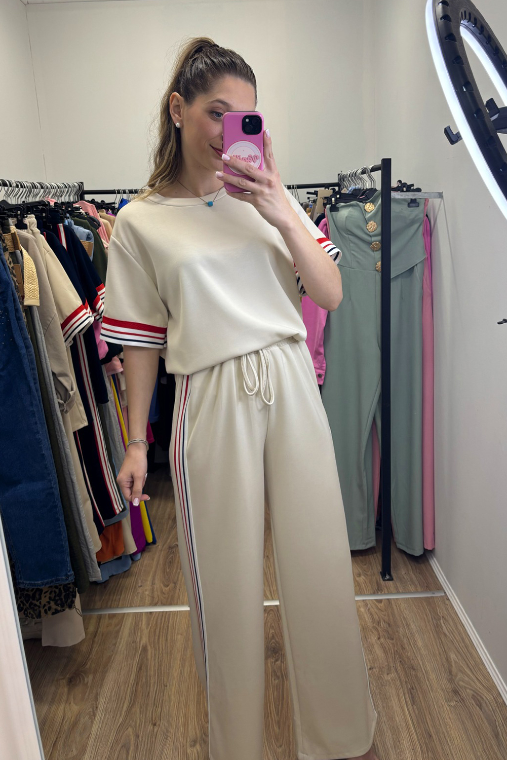 Jet Stream Contrast Striped Trim Crewneck T Shirt Loose Straight Pants Set - loveforevers