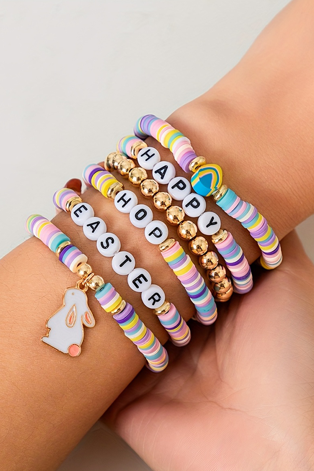 Gold Happy Easter Letter Beaded Elastic Multi Layer Bracelet - loveforevers