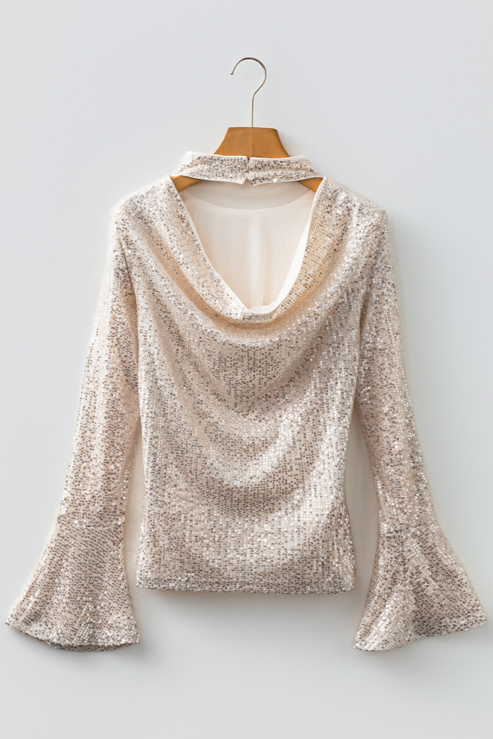 Jet Stream Sequin Mock Neck Drape Open Back Bell Sleeve Top - loveforevers