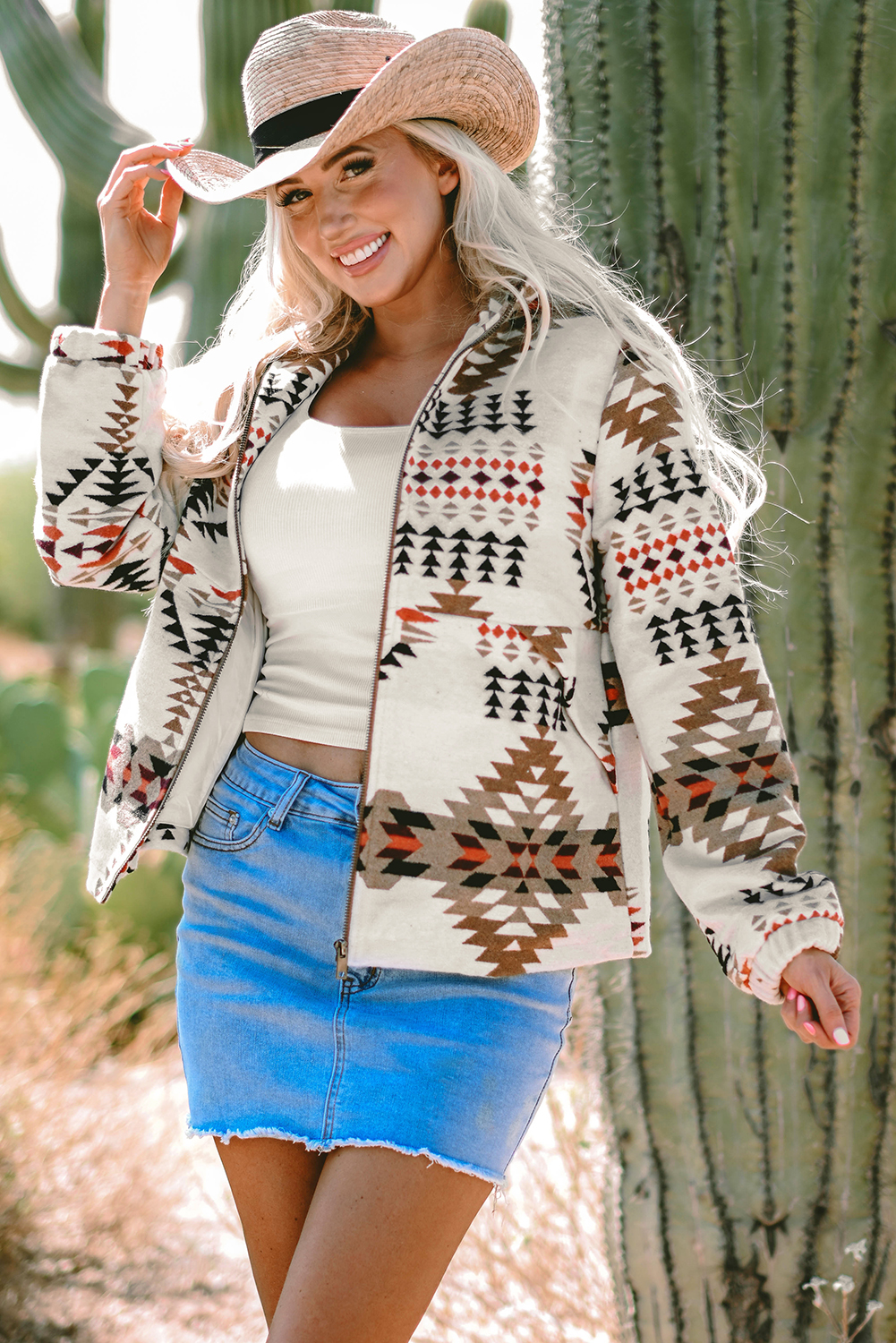Beige Aztec Printed Stand Neck Zip Up Jacket - loveforevers