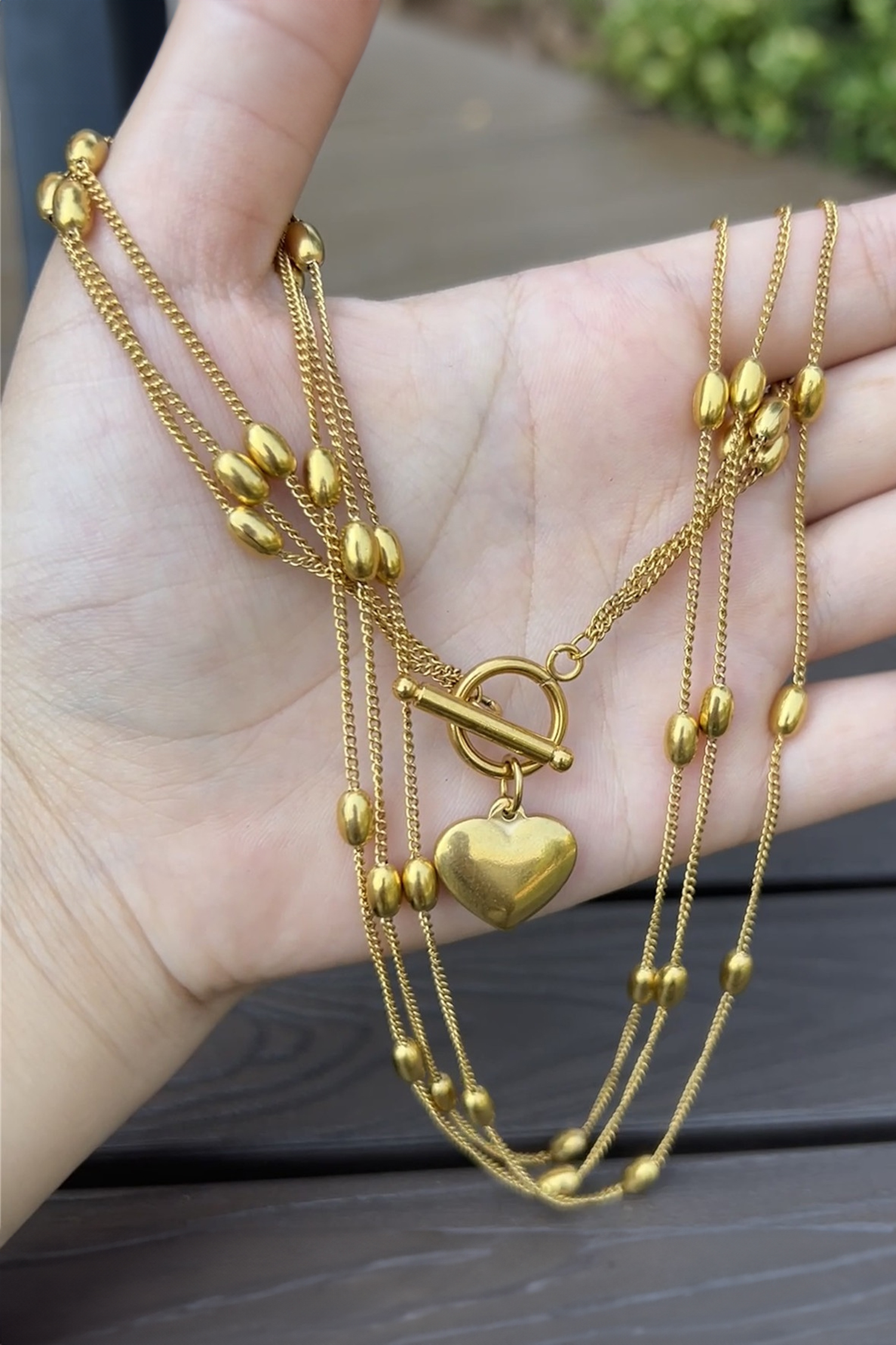 Gold Heart Toggle Charm Beaded Chain Triple Layered Necklace - loveforevers
