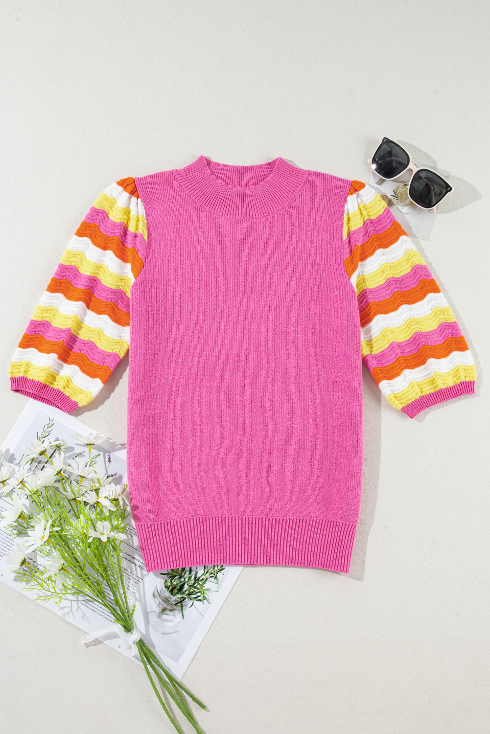 Pink Ribbed Knit Contrast Sleeve Sweater Top - loveforevers