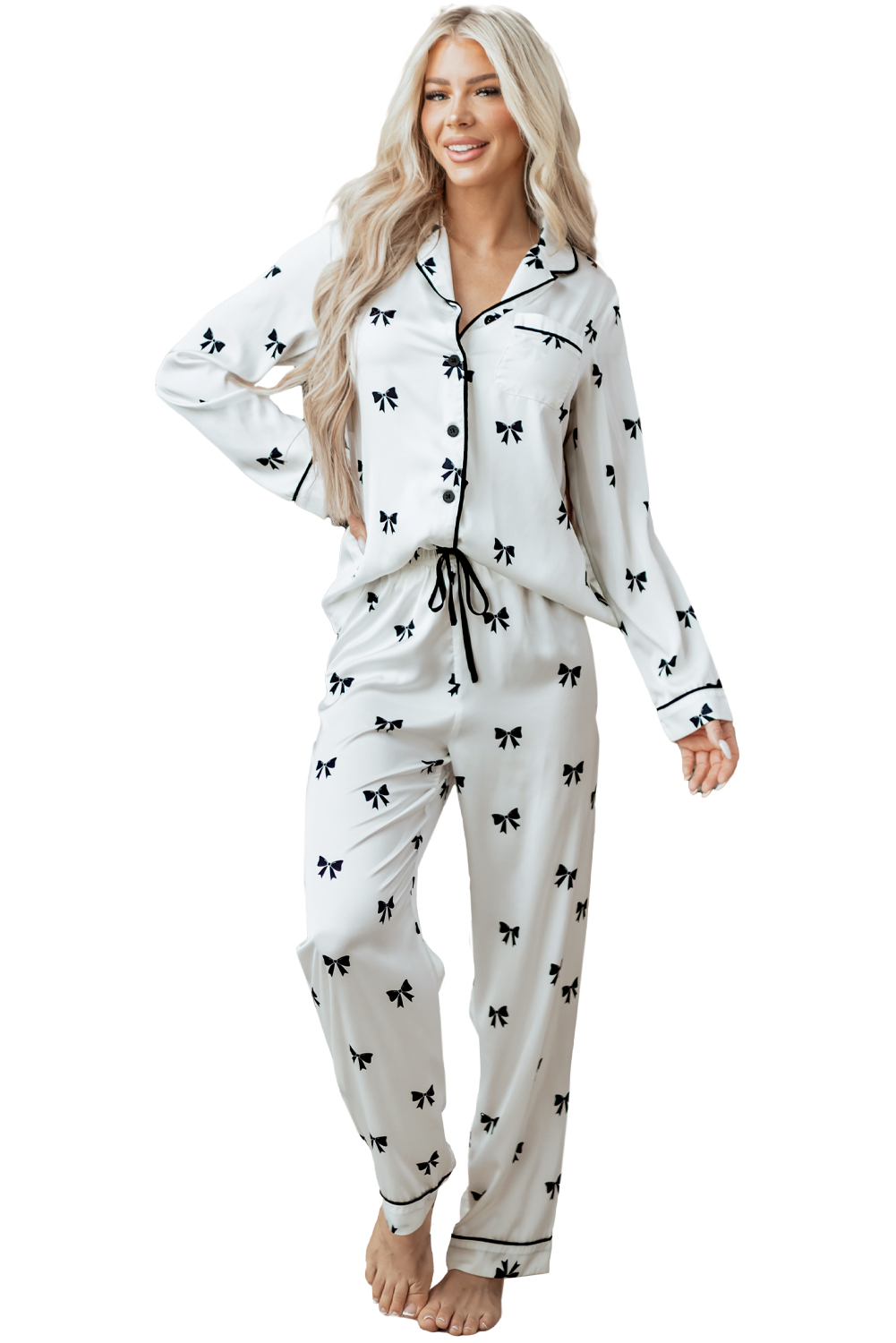 White Bows Print Two Piece Sleepwear - loveforevers