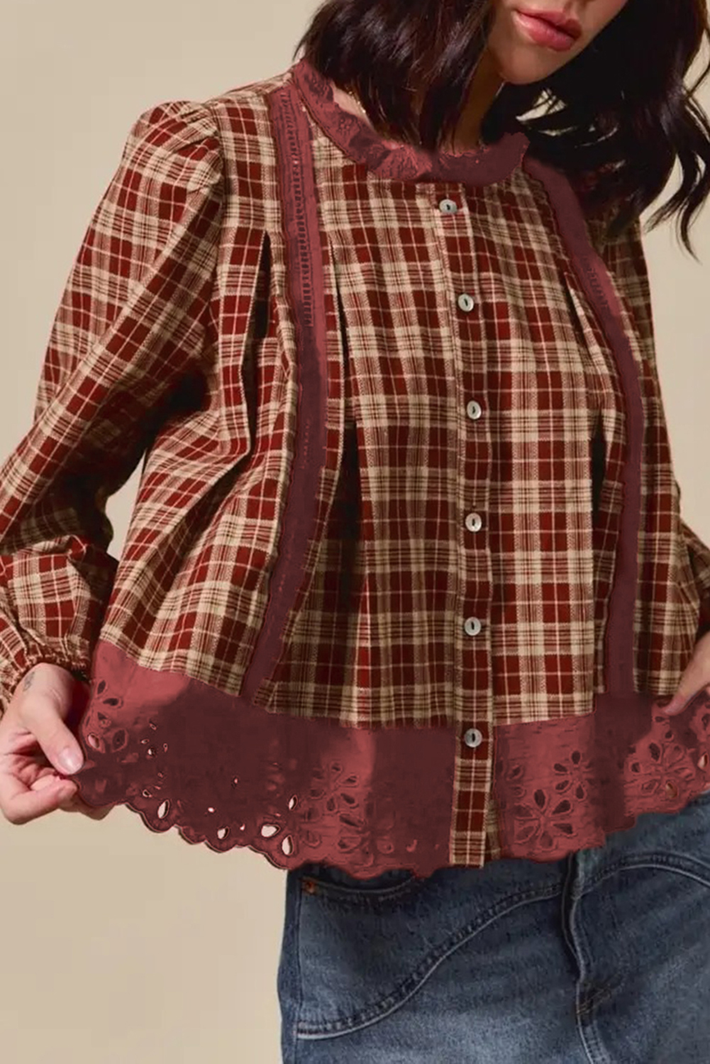 Red Dahlia Plaid Eyelet Lace Trim Button Down Loose Long Sleeve Shirt - loveforevers