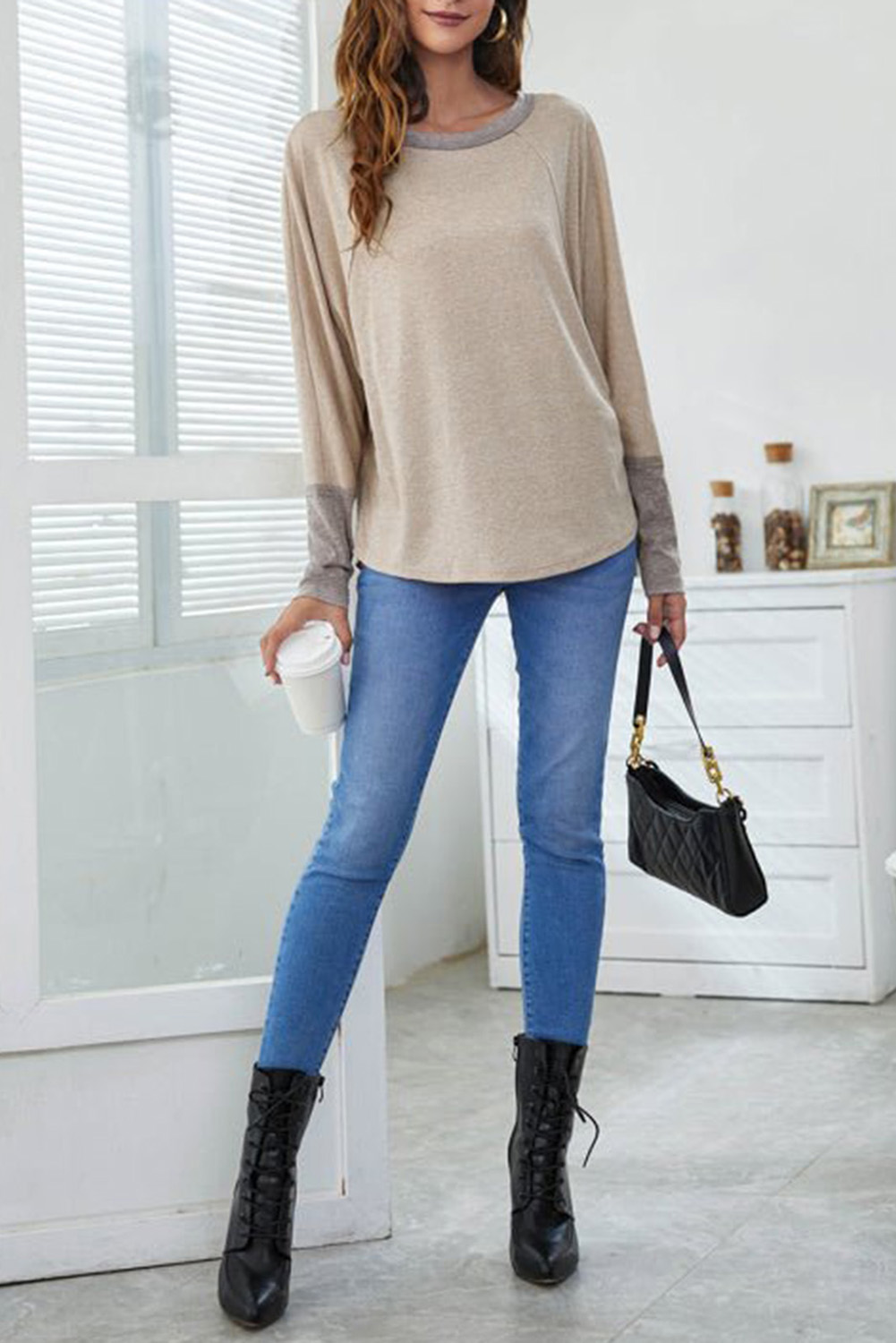 Khaki Contrast Cuffs Batwing Sleeve Loose Top - loveforevers