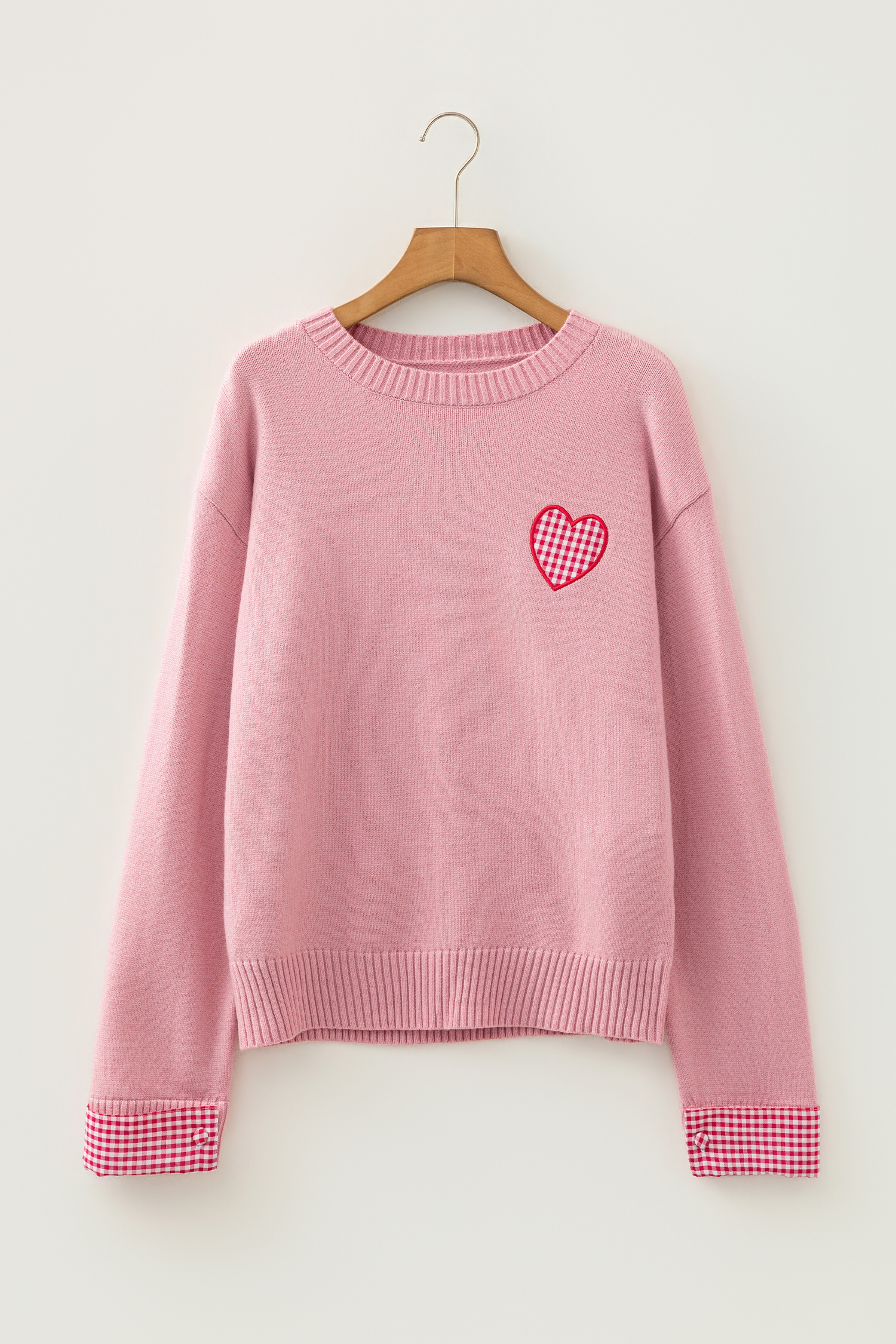 Light Pink Plaid Heart Embroidered Cuffed Drop Shoulder Crew Neck Sweater - loveforevers