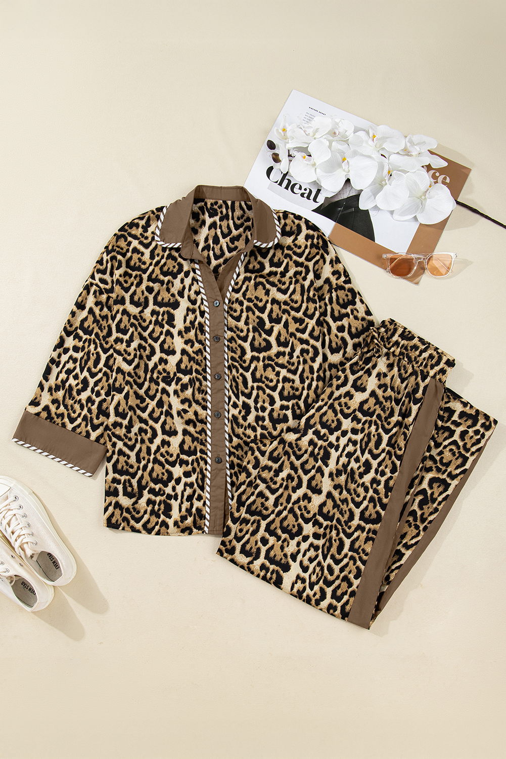 Brown Leopard Collared 3/4 Sleeve Shirt and Loose Pants Two Piece Outfit Set - loveforevers