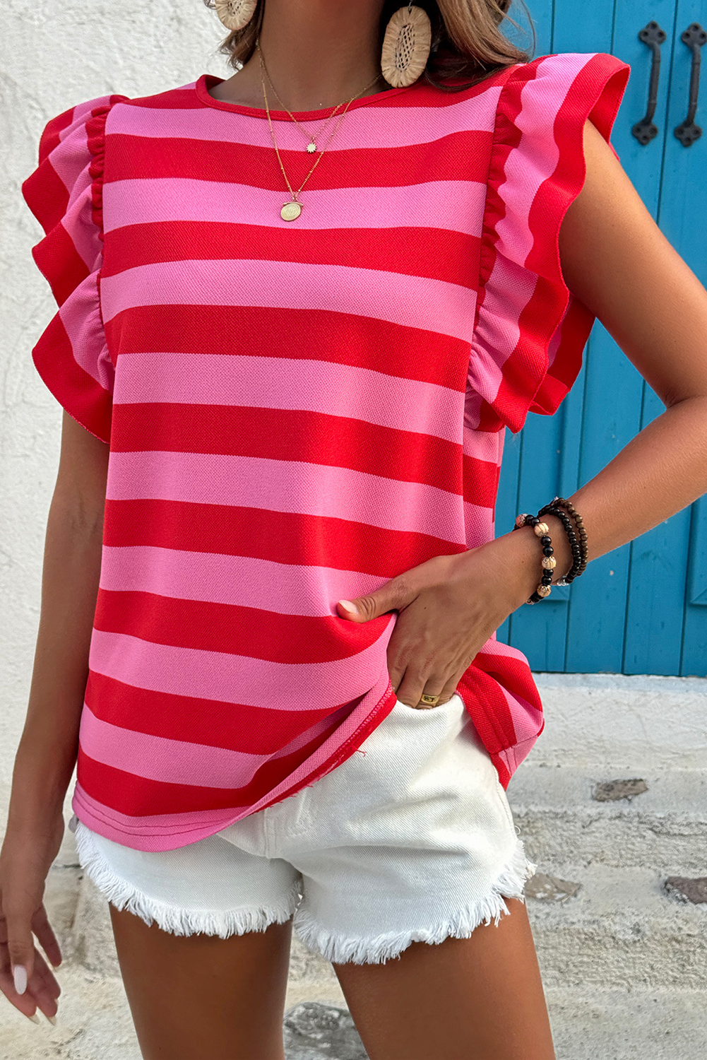 Green Stripe Flutter Sleeve Round Neck Shift Dress - loveforevers