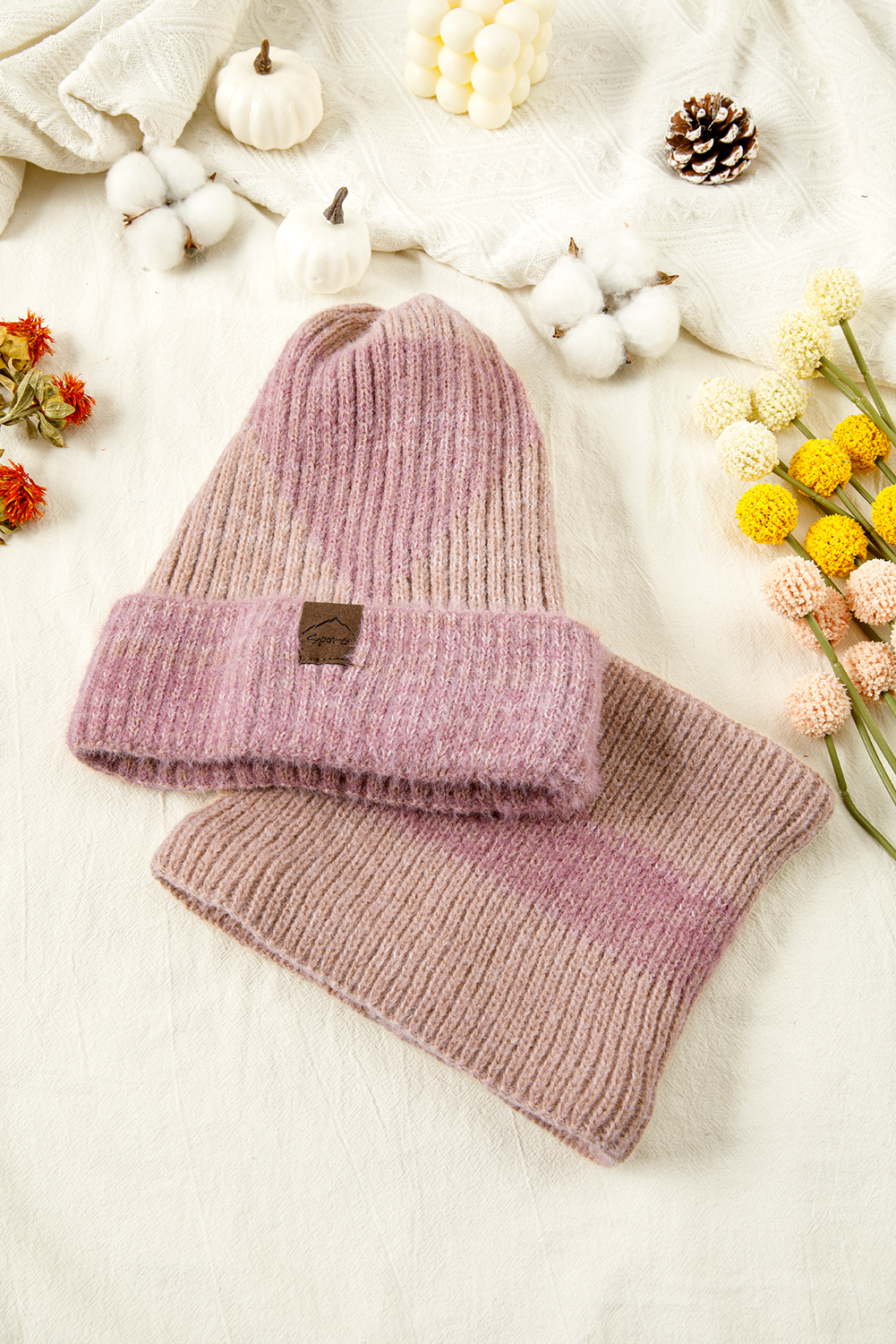 Peach Blossom Cozy Sherpa Liner Stylish Knitted Beanie and Scarf Set - loveforevers