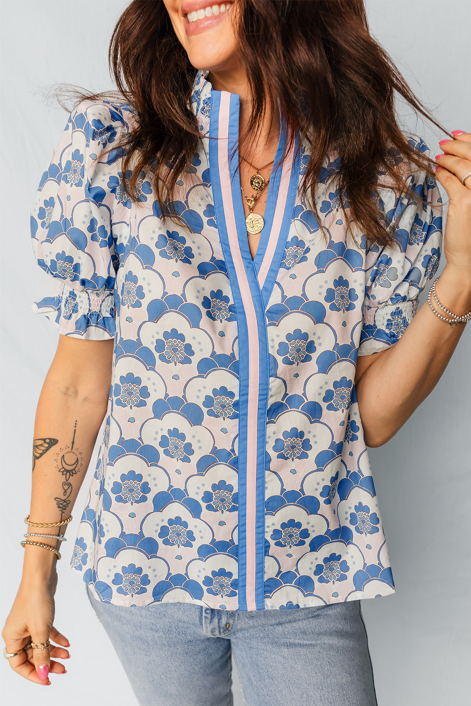 Sky Blue Floral Print Flounced Short Sleeve Contrast Trim V Neck Blouse - loveforevers