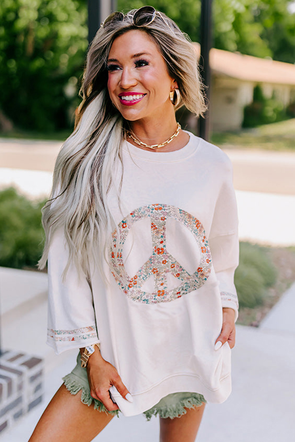 Beige Flower Patch Graphic Exposed Seam Wide Sleeve Top - loveforevers