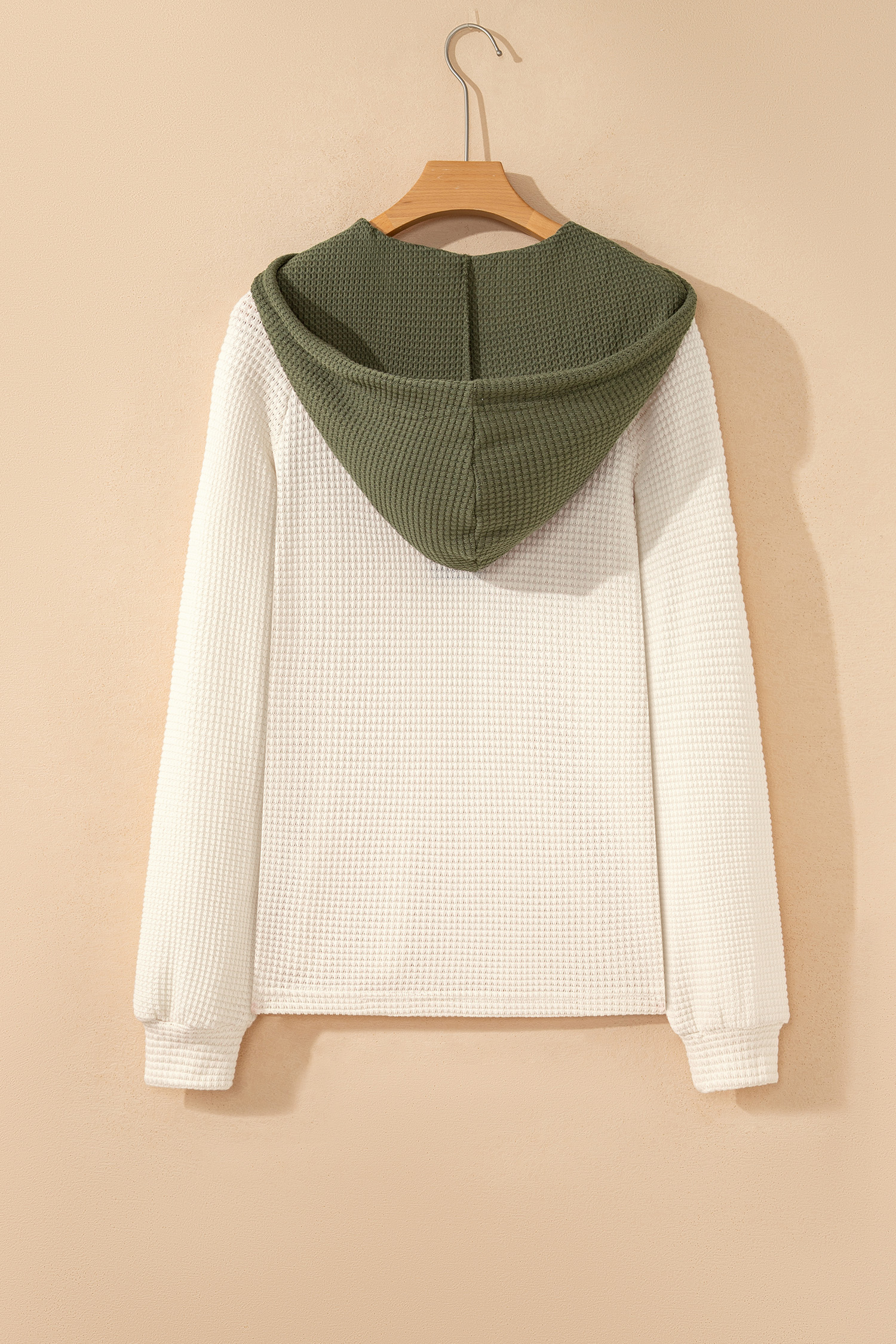 Coffee Waffle Contrast Half Buttoned Hooded Pullover Top - loveforevers