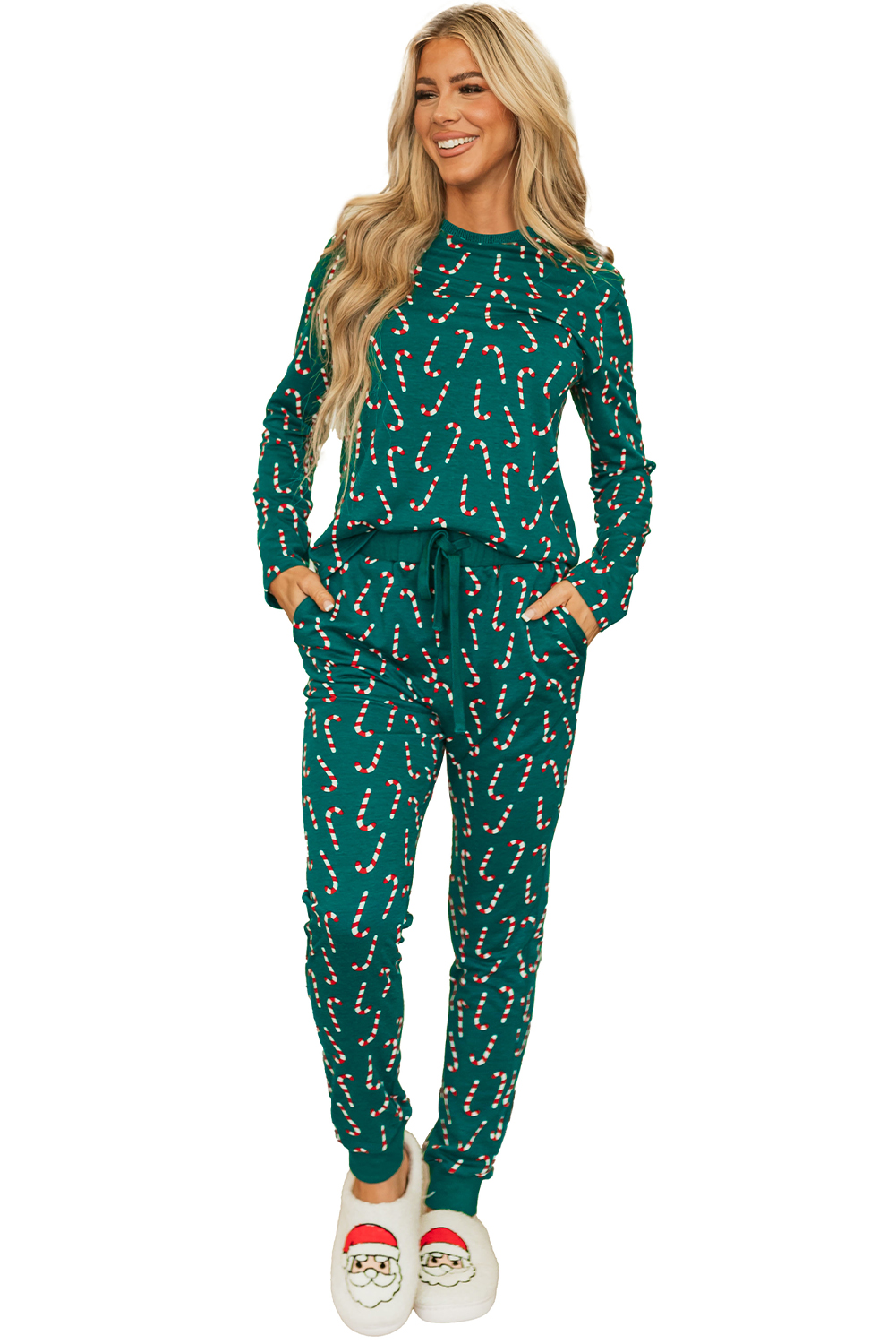 Green Christmas Candy Cane Printed Top and Pants Lounge Set - loveforevers