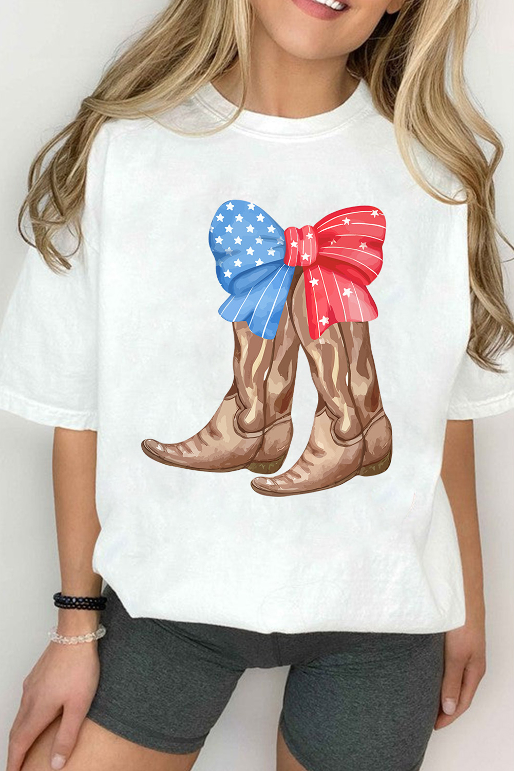 White Patriotic Bow Cowgirl Boots Printed Cotton Blend T Shirt - loveforevers