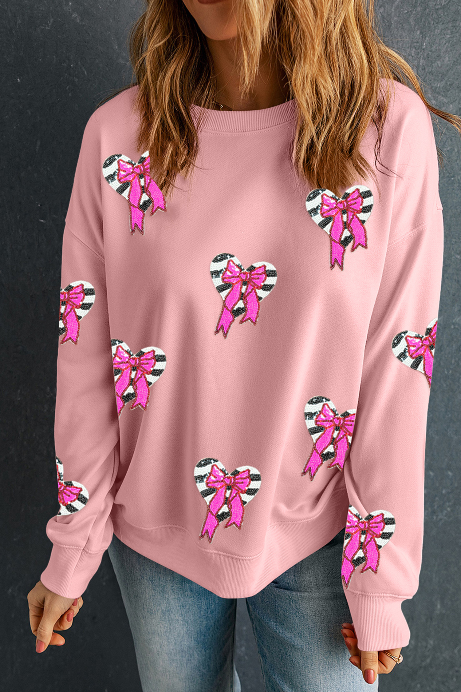 Pink Sequin Bow Striped Heart Dropped Shoulder Sweatshirt - loveforevers