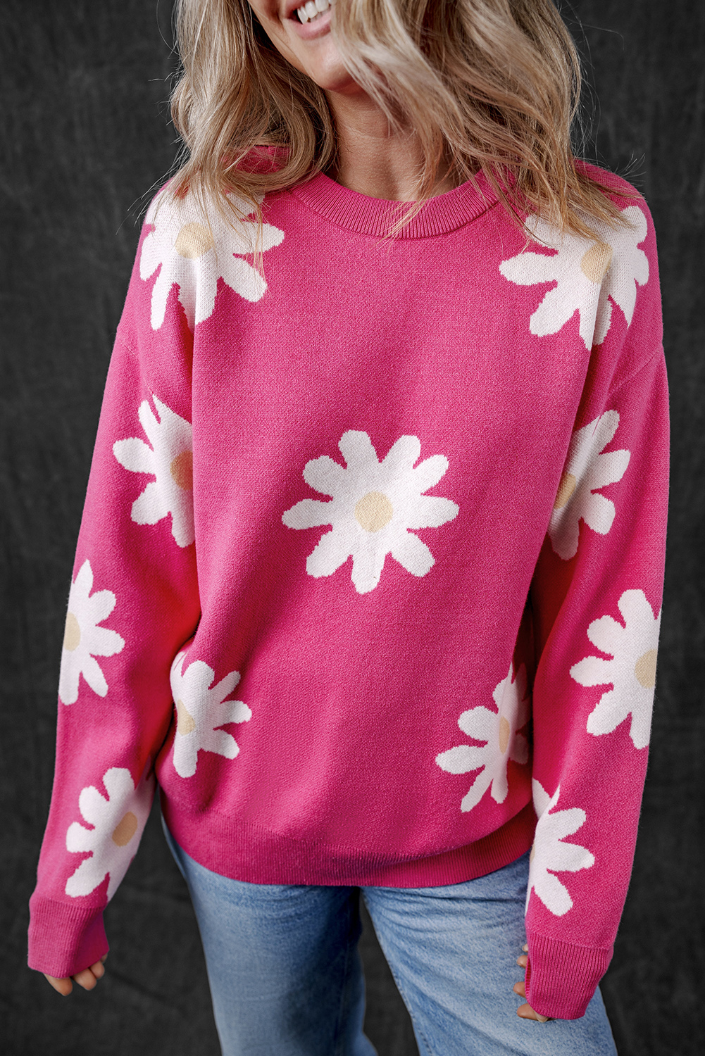 Bright Pink Daisy Flower Crew Neck Long Sleeve Sweater - loveforevers