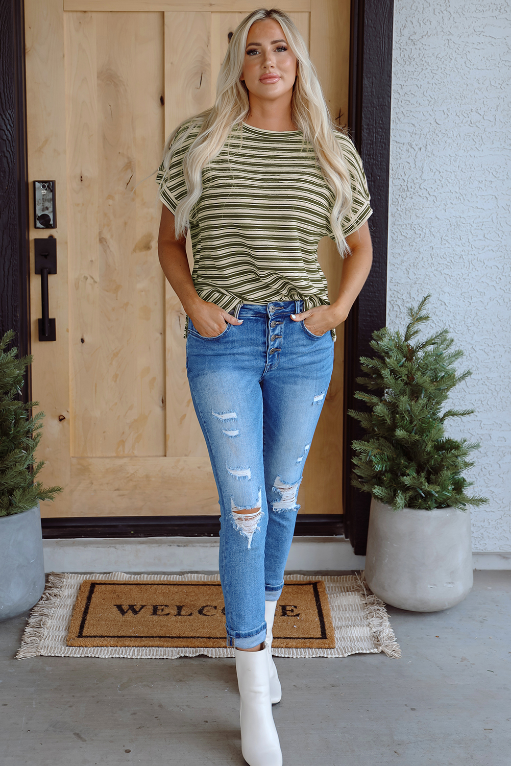 Green Stripe Textured Side Slits Crew Neck T Shirt - loveforevers