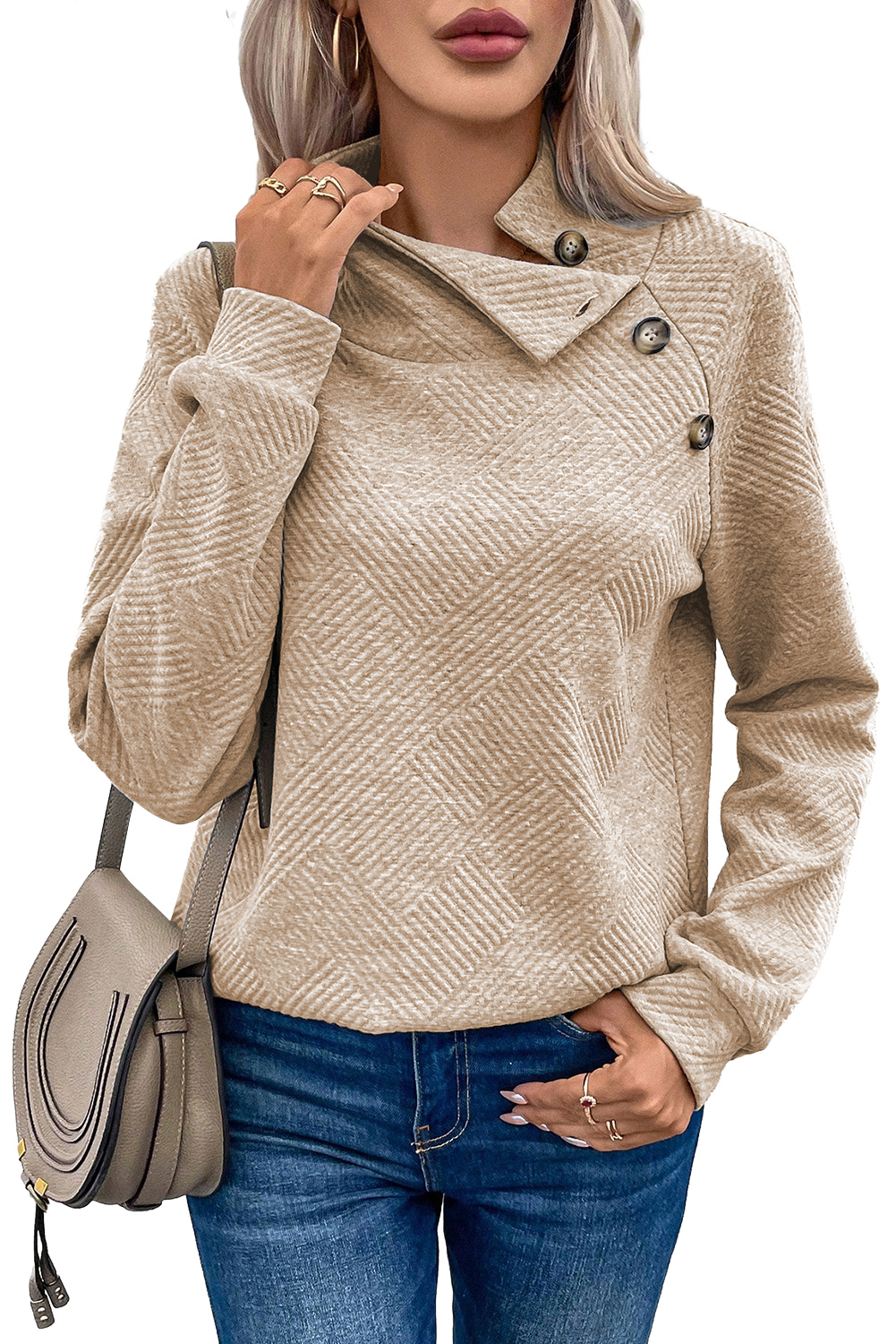Apricot  Asymmetric Buttons Detail High Neck Textured Sweatshirt - loveforevers