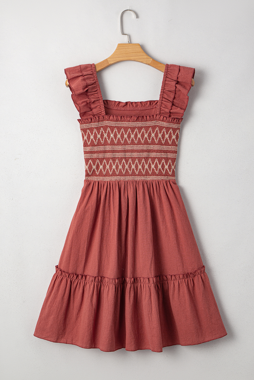 Red Sandalwood Geometric Stitch Shirred Bodice Ruffled Trim Sleeveless Mini Dress - loveforevers