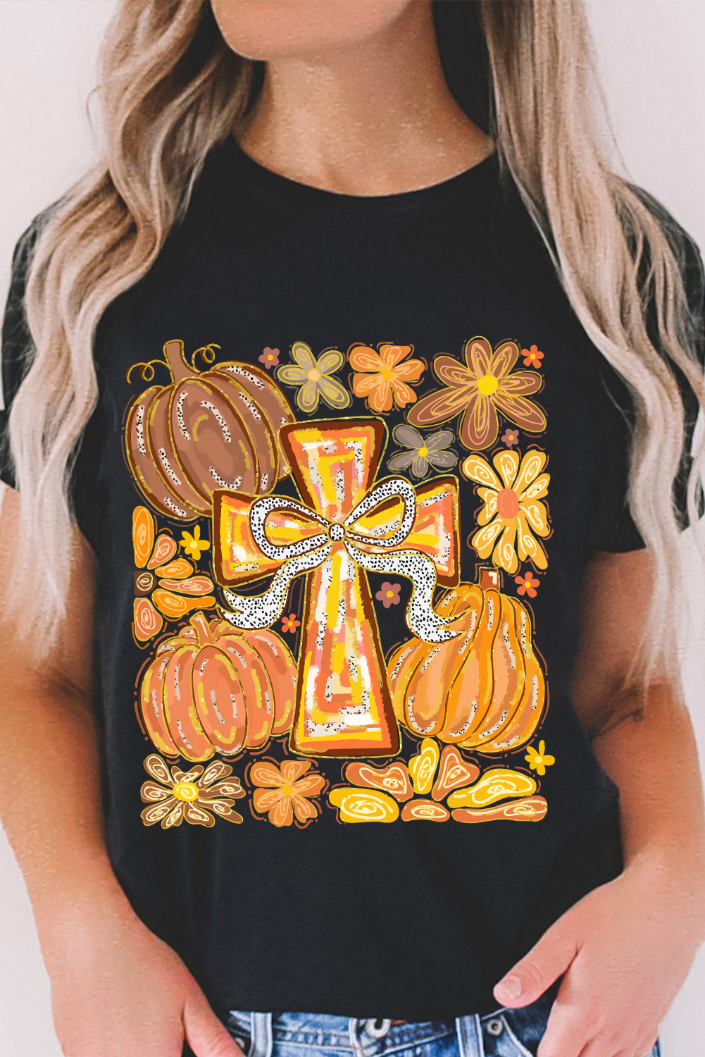 Black Thanksgiving Pray Cross Pumpkin Graphic Cotton Blend Tee - loveforevers