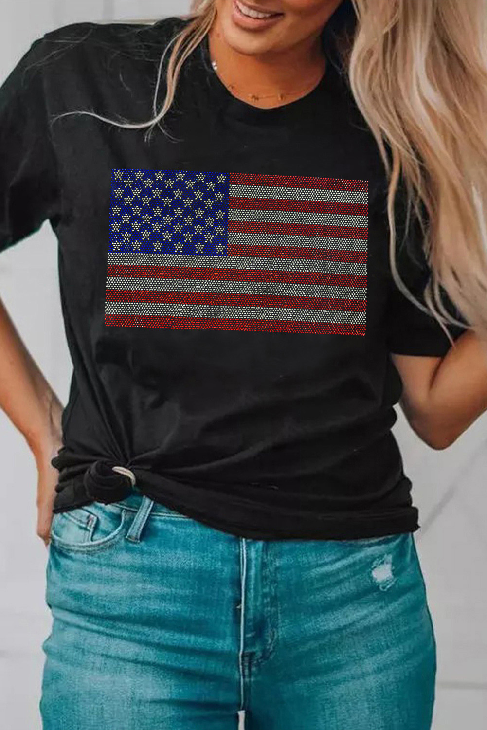 Black Rhinestone American Flag Round Neck Casual Tee - loveforevers