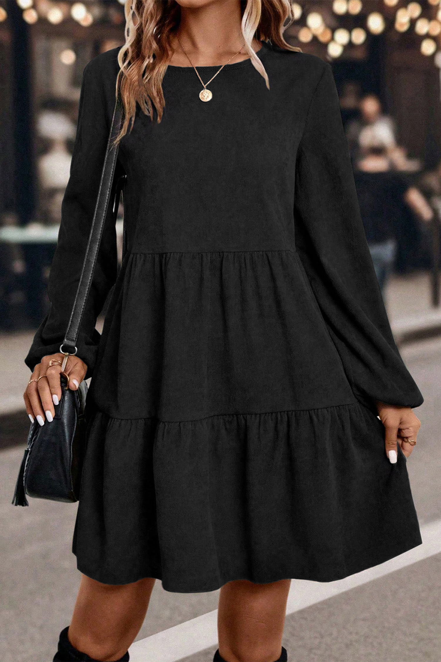 Black Lantern Sleeve Tiered Mini Dress - loveforevers