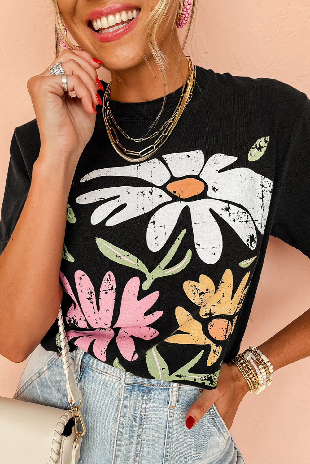 Black Retro Floral Print Crew Neck Casual T Shirt - loveforevers