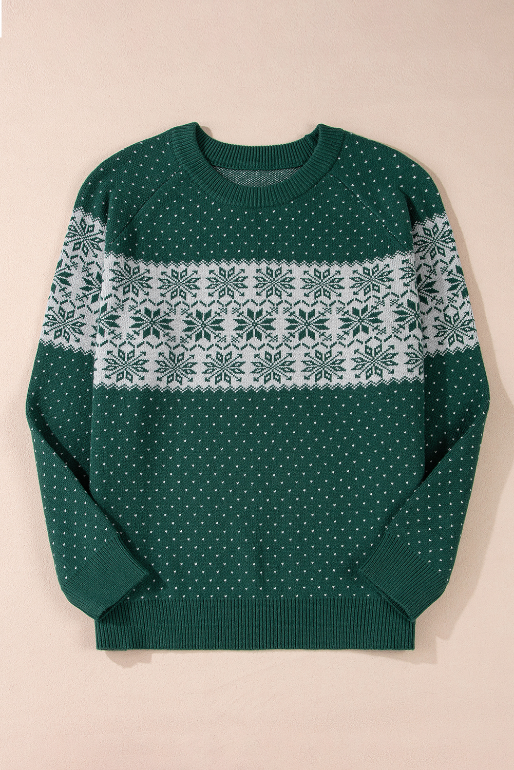 Green Christmas Snowflake Dotted Print Round Neck Sweater - loveforevers