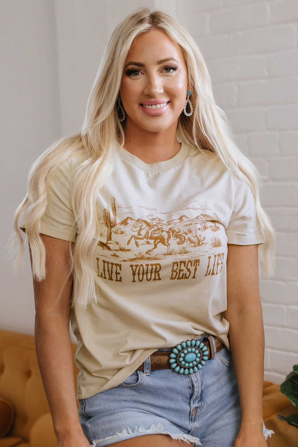 Beige LIVE YOUR BEST LIFE Crew Neck Western Graphic Tee - loveforevers