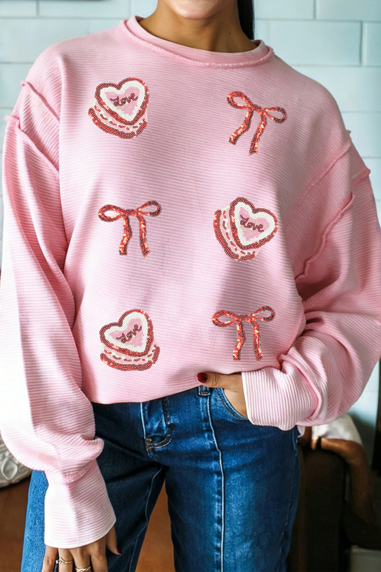 Pink Exposed Seam Ribbed Texture Sequin Love Cake Bow Graphic Long Sleeve Top - loveforevers