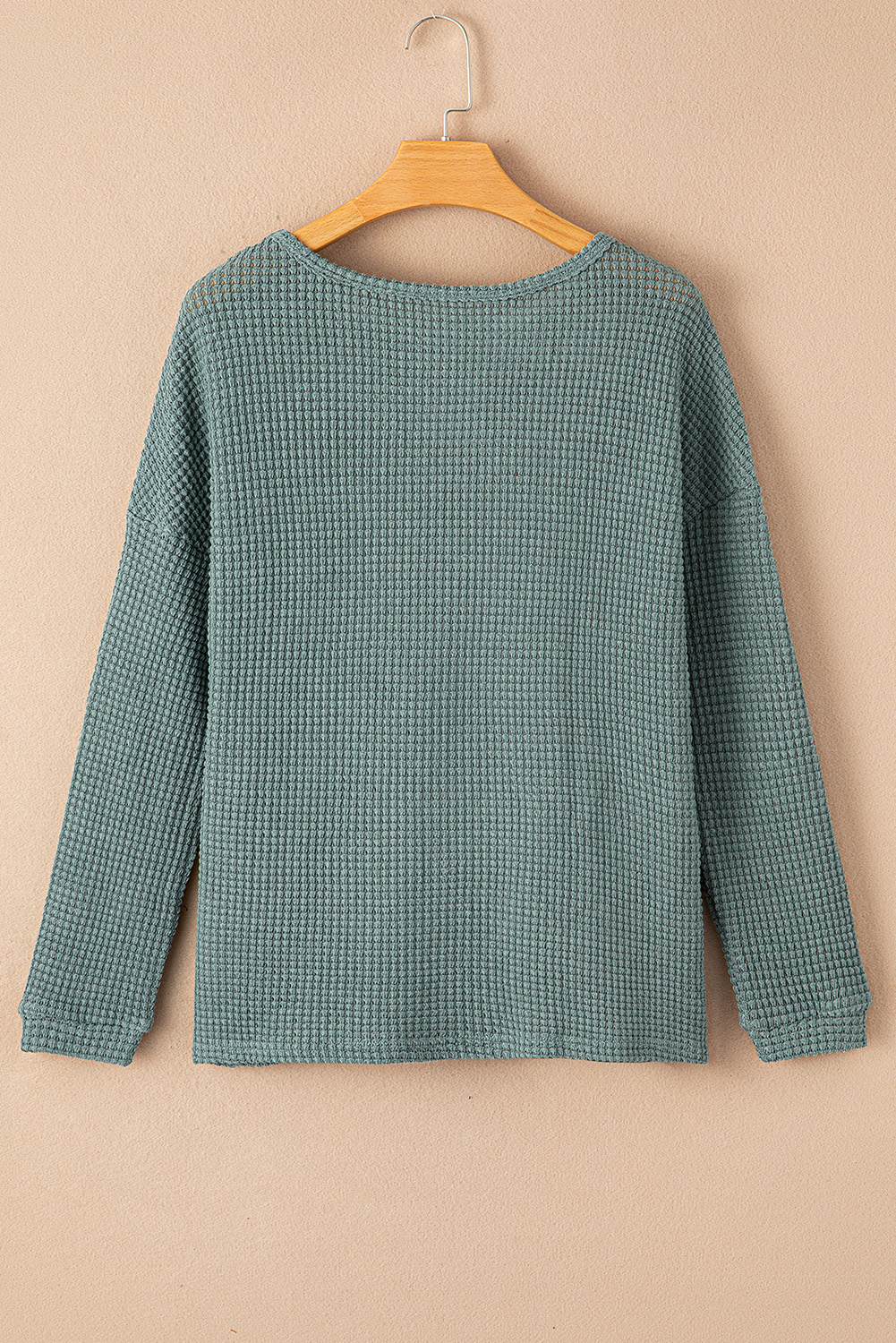 Green Waffle Knit Drop Shoulder Long Sleeve Top - loveforevers