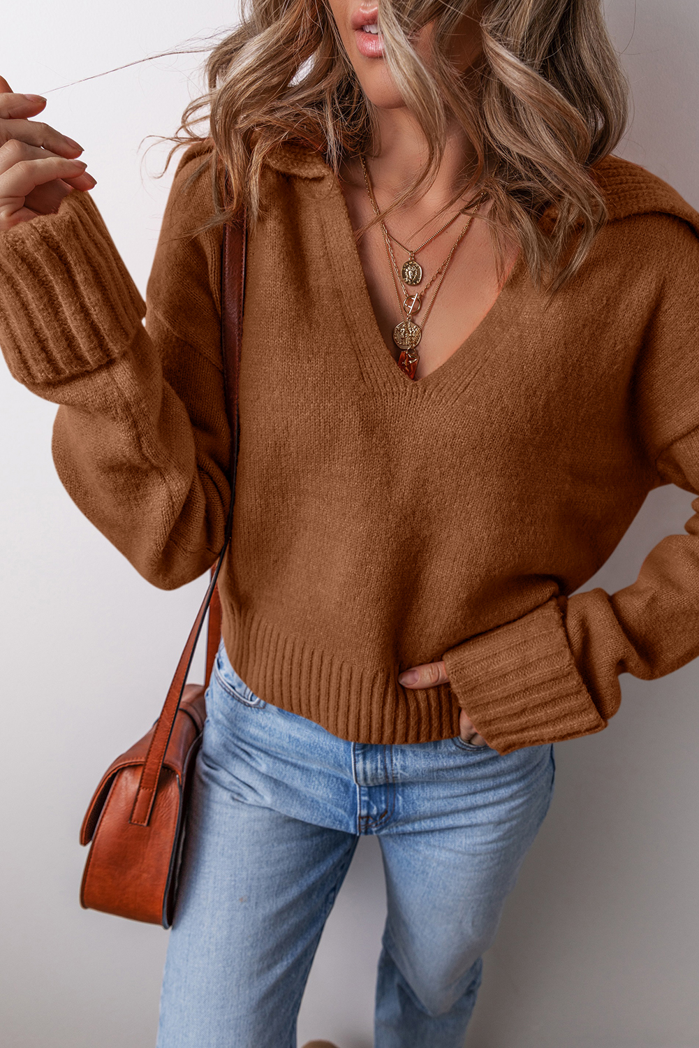 Racing Red Collared V Neck Ribbed Edge Sexy Elegant Sweater - loveforevers