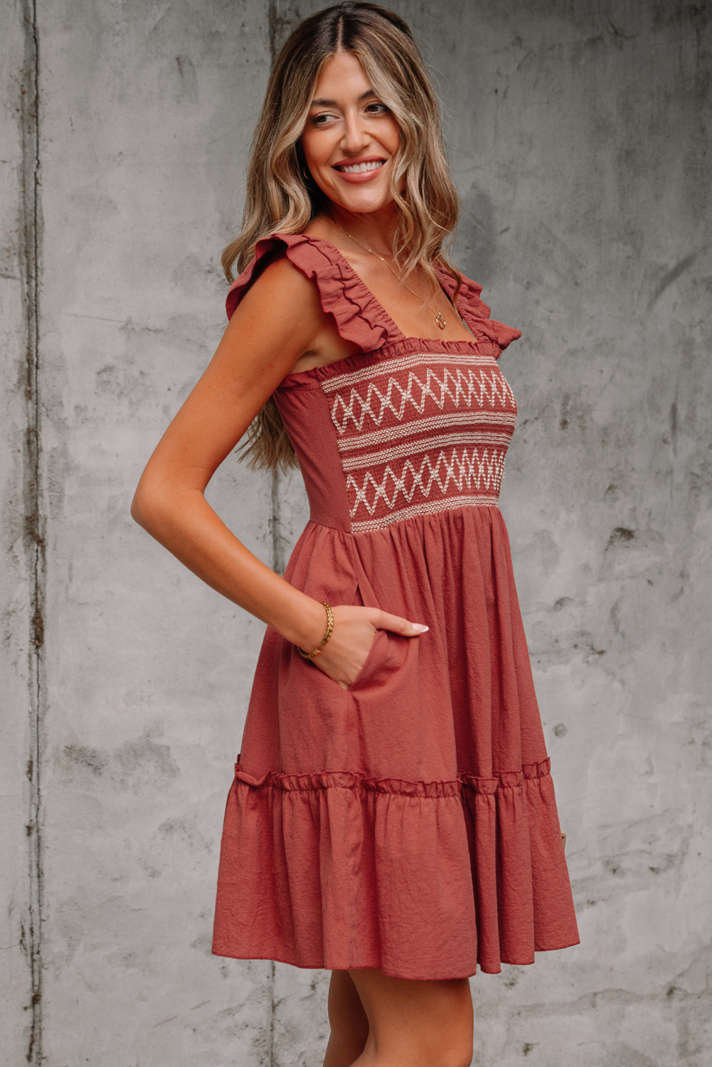 Red Sandalwood Geometric Stitch Shirred Bodice Ruffled Trim Sleeveless Mini Dress - loveforevers