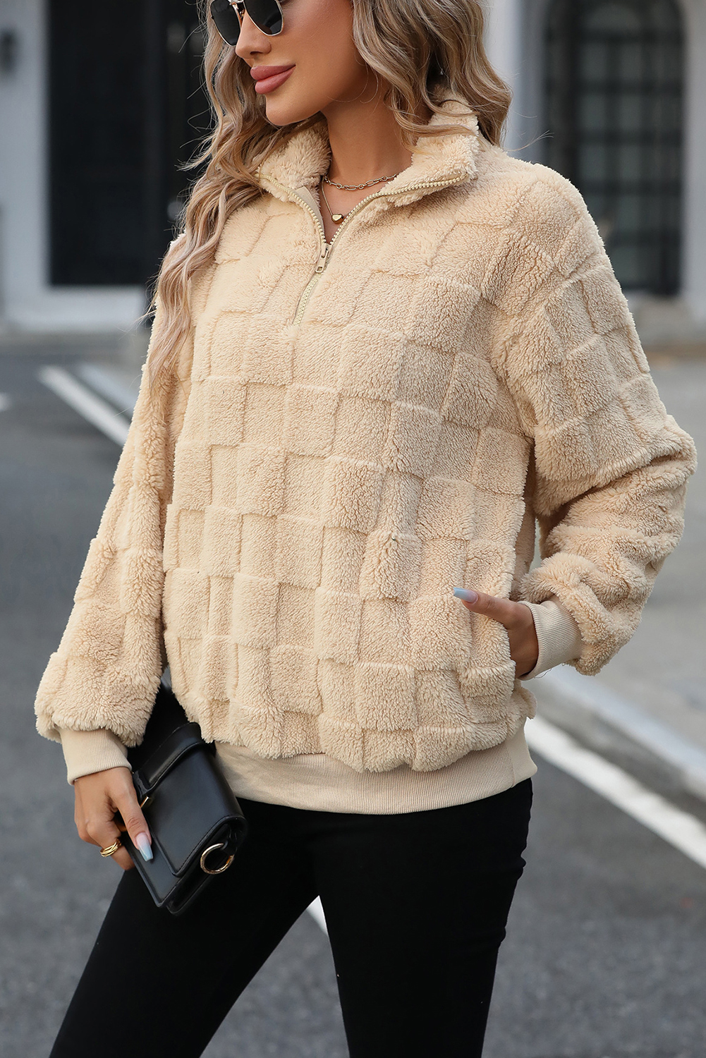 Apricot Checkered Plush Quarter Zipper Pullover Sweatshirt - loveforevers