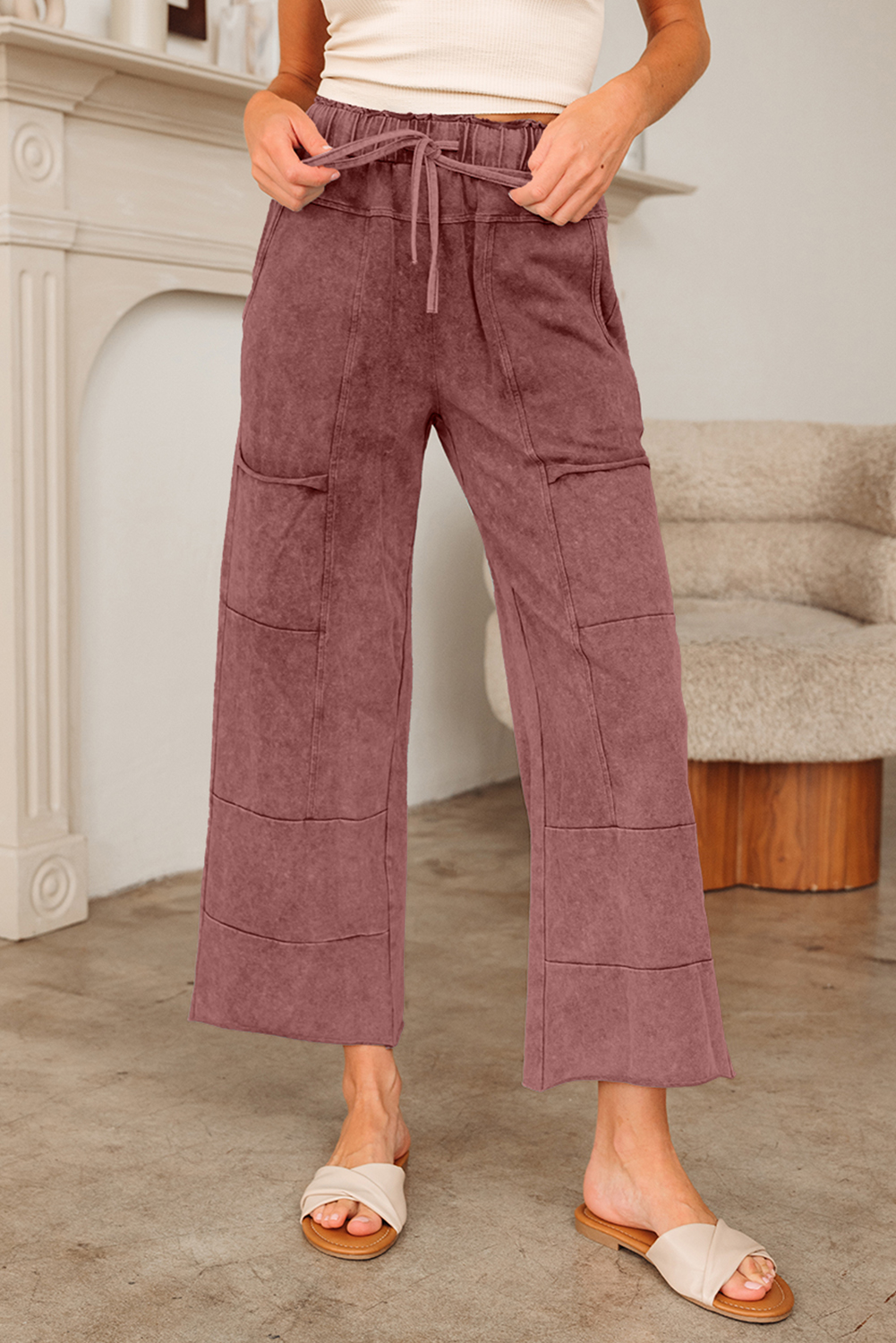 Lapis Mineral Wash Lace-up High Waist Raw Hem Patched Pocket Pants - loveforevers