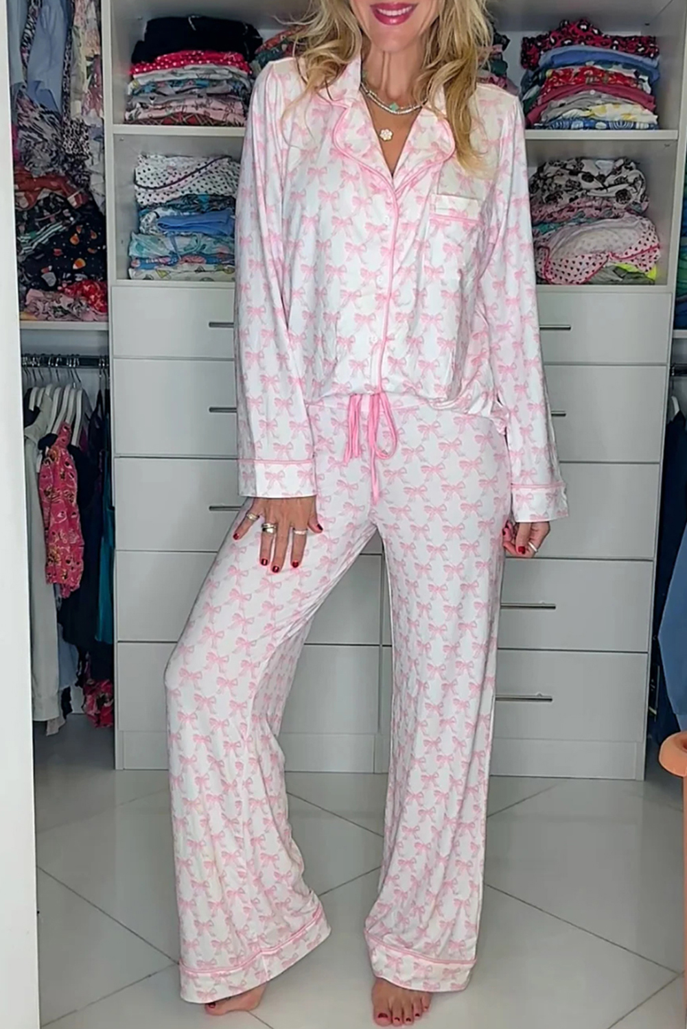 Sky Blue Bow Print Long Sleeve Shirt and Pants Soft Pajama Set - loveforevers