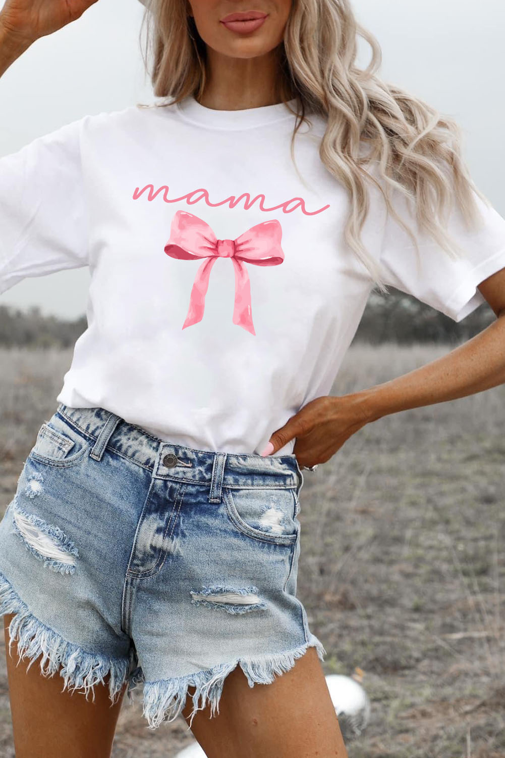 White MAMA Bowknot Graphic Crewneck Tee - loveforevers