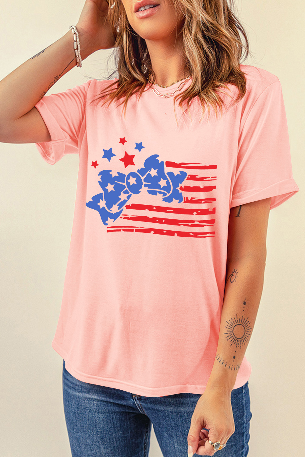 Pink Stars and Stripes Bow Knot Crew Neck T Shirt - loveforevers