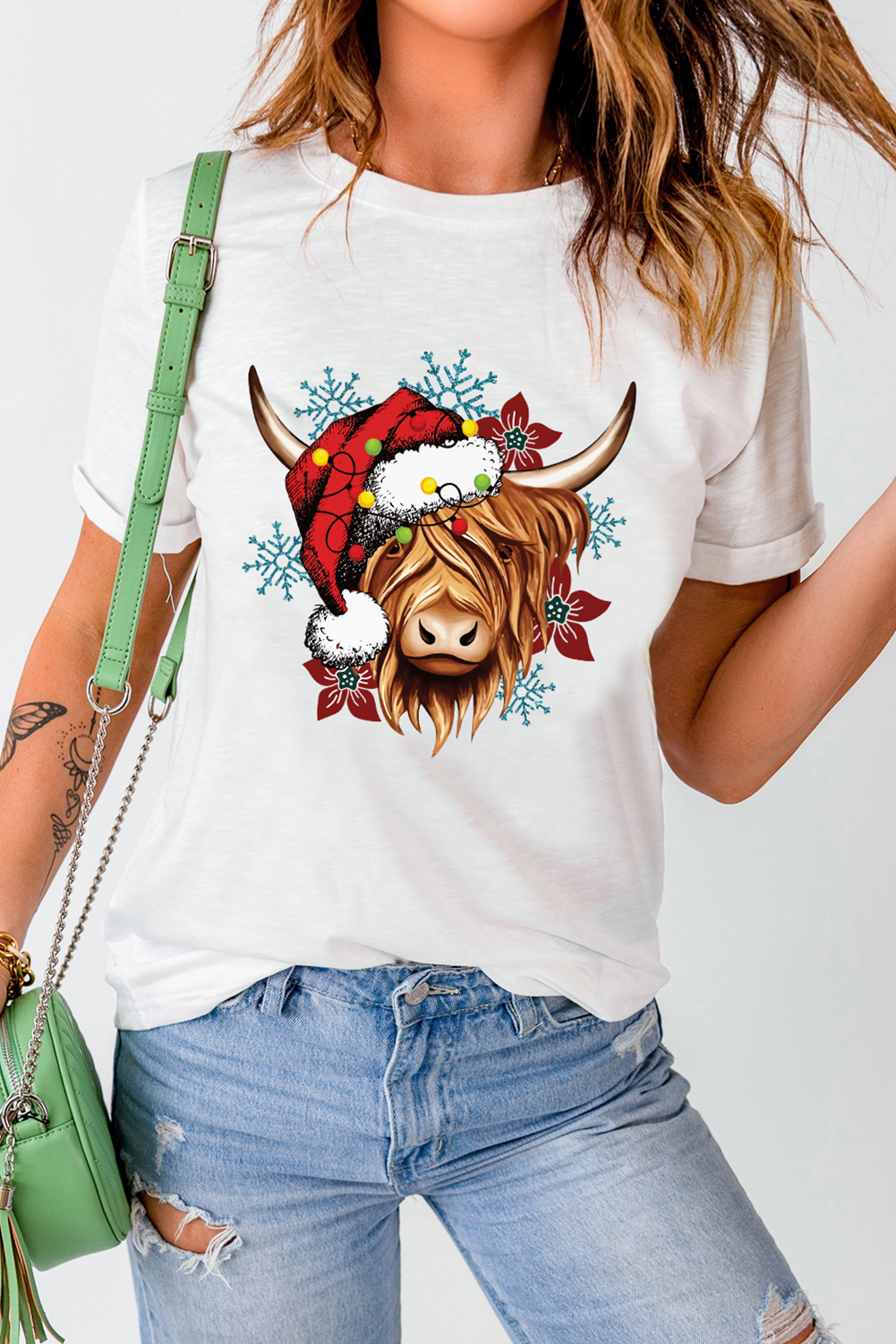 White Christmas Highland Ox Snowflake Print Womens T Shirt - loveforevers