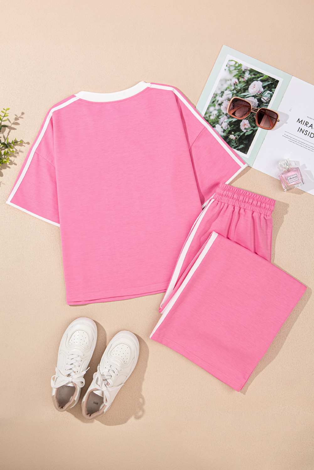 Sachet Pink Varsity Stripe Detail Casual Tee and Pants Leisure 2pcs Set - loveforevers