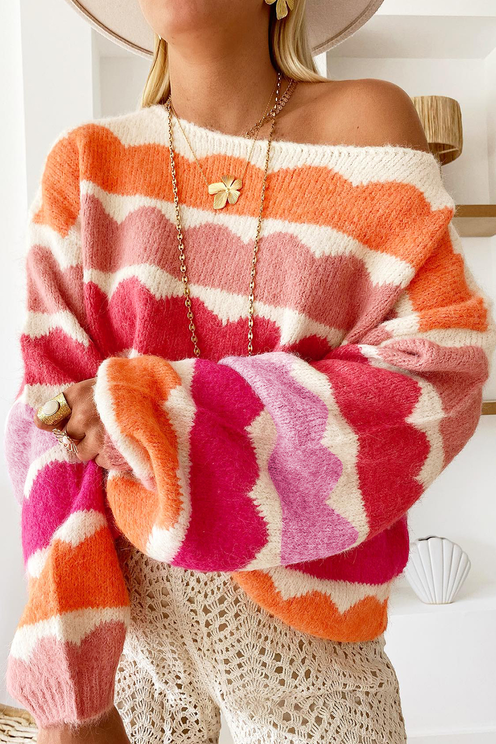 Rose Red Wave Striped Balloon Sleeve Drop Shoulder Sweater - loveforevers