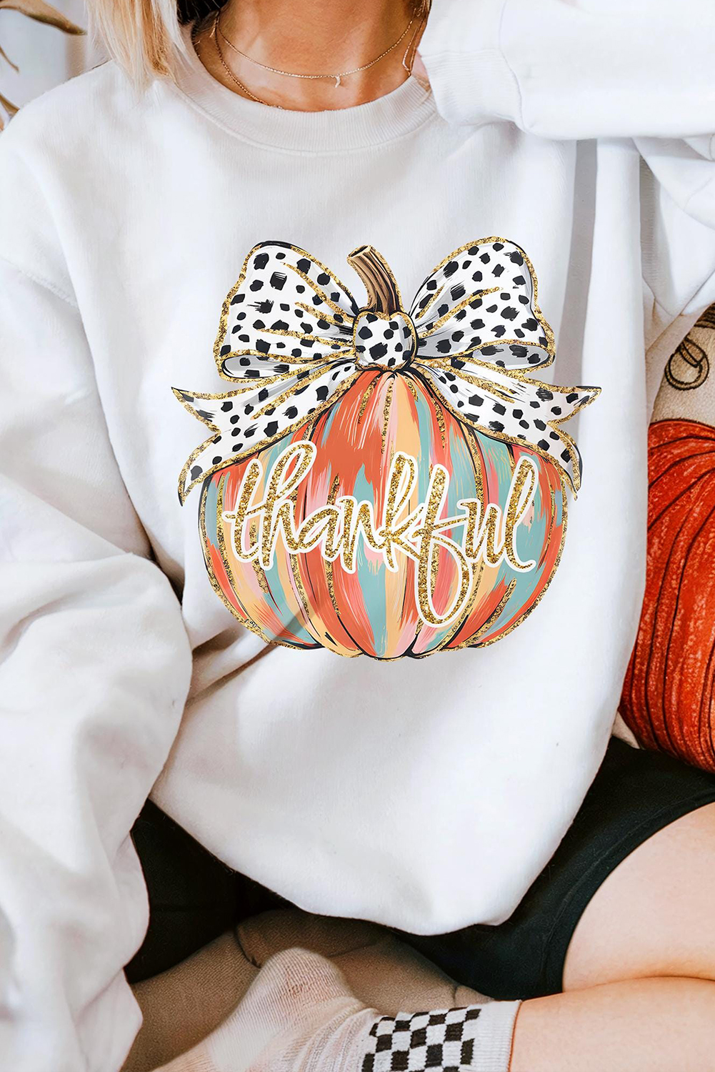 Beige Polka Dot Bow Knot Pumpkin Print Thanksgiving Sweatshirt - loveforevers